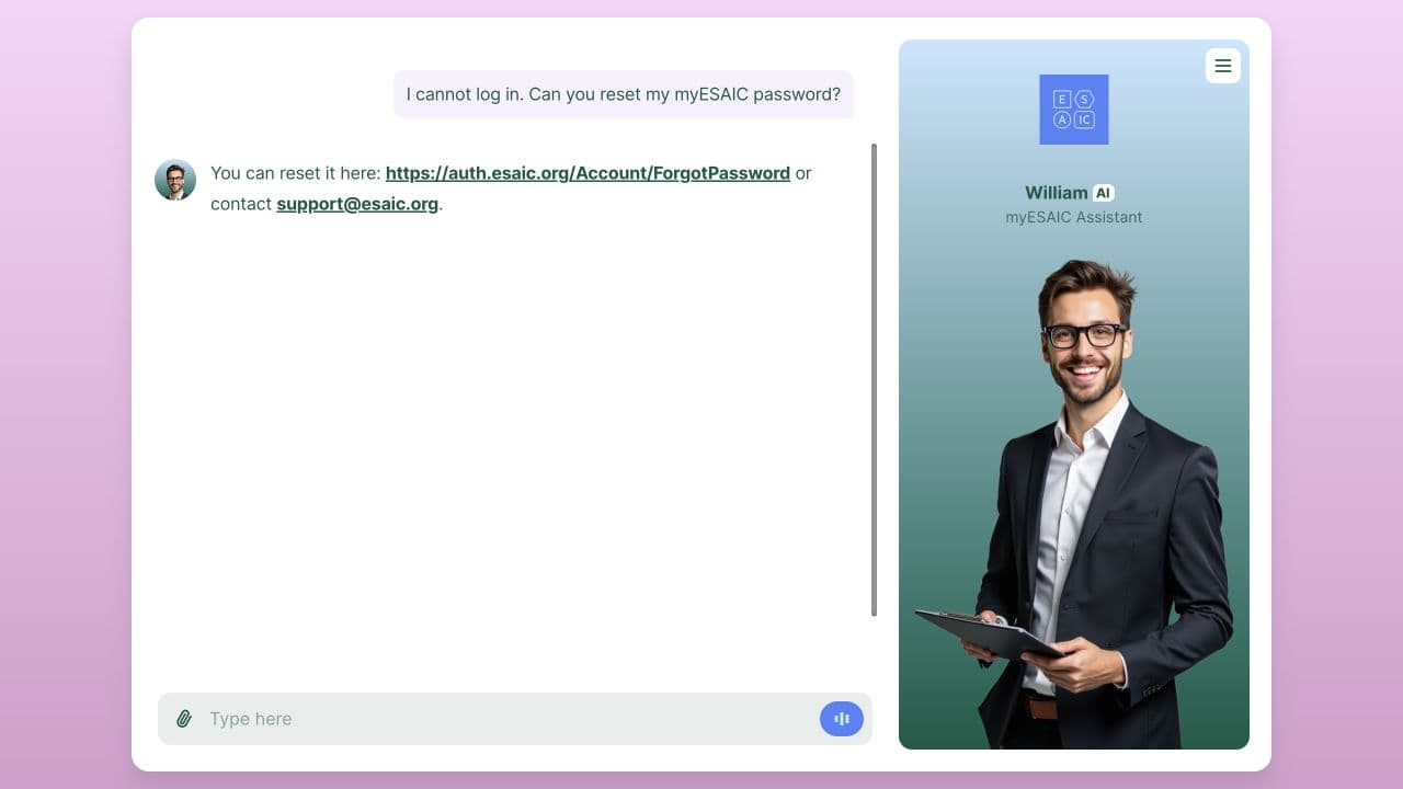 William correctly provides the myESAIC password reset link and support email